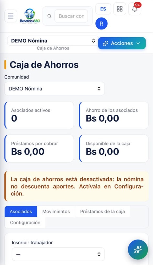 Caja de ahorros: asociados, ahorro, préstamos y disponible