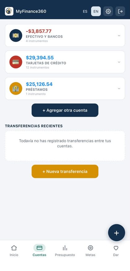 Cuentas: efectivo, tarjetas de crédito y préstamos