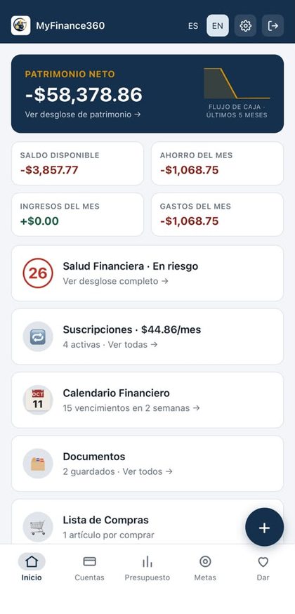 Inicio: patrimonio neto, saldos del mes y salud financiera