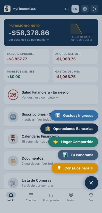 Acceso Rápido: Gastos, operaciones bancarias, hogar compartido y consejos.
